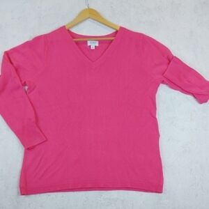 Women's Bright Pink V-Neck Sweater Ultra Soft Cozy Stretchy Comfort Preppy Sz.XL